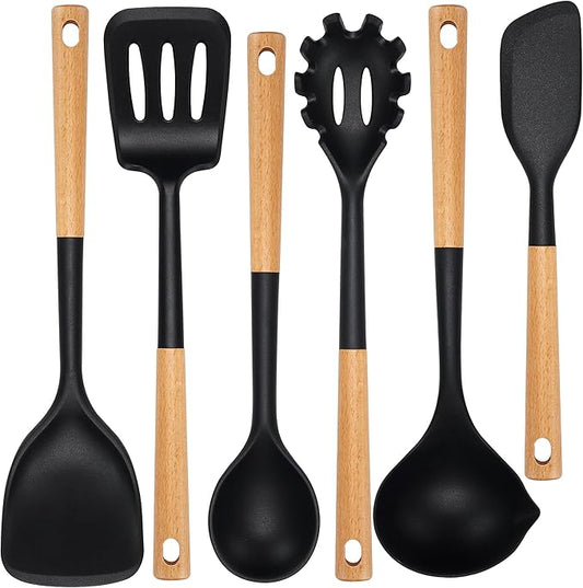 NCUE Kitchen Utensils Set, Large Non-stick Silicone Cooking Utensils Set 6 Pcs, Wooden Handle Heat Resistance Silicone Spatula Soup Ladle Pasta Server Kitchen Gadgets Utensils Set BPA Free (Black)
