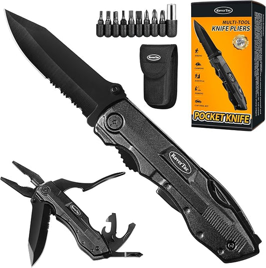 Pocket Knife, 15-in-1 Multitool with Pliers, Bottle & Can Opener, 9 Screwdriver Bits, Locking Mechanism & Nylon Sheath - EDC Multi Tool for Camping, Hiking & DIY, Gift for Men & Dad