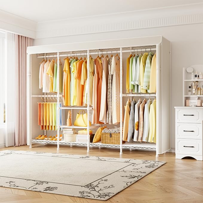 ULIFHOME Clothes Rack with Cover, Large Clothing Racks for Hanging Clothes | H41C Heavy Duty Garment Rack, Adjustable Shelves and Rods, Max Load 1150 Lbs, White Portable Closet Rack with White Cover
