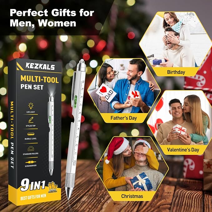 Gifts for Men 9 in 1 Multitool Pen Stocking Stuffers for Men Adults | Birthday Gifts for Mens Dad, 9-1 Multi Tool Pen, Mens Gift for Him Husband, Anniversary Christmas Gift for Him, Cool Gadgets