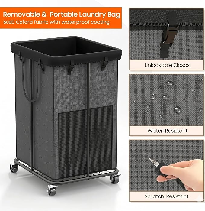 Laundry Hamper with Wheels, 150L Rolling Laundry Basket with Bag & Handles | Sturdy Metal Frame | Removable Bag | Large & Tall Dirty Clothes Hampers for Laundry Room, Bedroom, Dorm, Bathroom-Grey