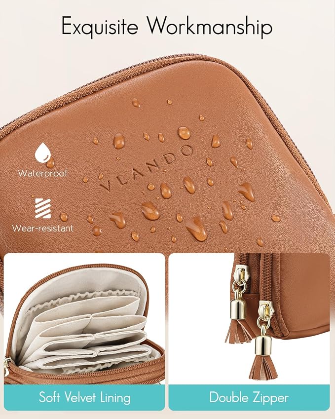 VLANDO 2-Layer Jewelry Travel Organizer for Necklaces,Rings,Earrings | Multi-Compartment Faux Leather Pouch with Velvet Lining Designed for Business Trips,Vacations,Daily Carry,Brown