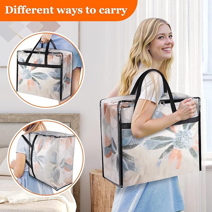 TasticTotes 4 Pack Clear Storage Bags for Comforter, Clothes & Bedding, 60L | Plastic Blanket Storage with Zipper & Handle, Foldable Moving Bags, Closet Organizer and Under-Bed Storage Containers