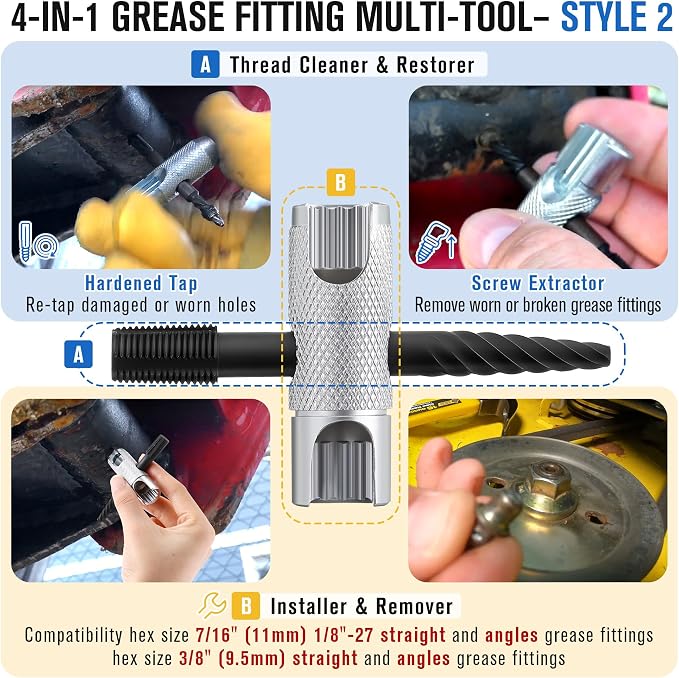 Dreyoo Complete Grease Fitting Replacement Kit, Grease Gun Zerk Fitting Tool & SAE and Metric Zerks & Multi-Tools & Protective caps, Removal Cleaning Tools Assortment