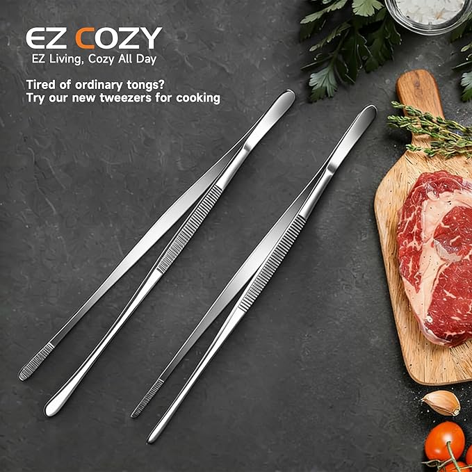 Kitchen Tweezers 2PC Cooking Tongs Set, Stainless Steel Food-Grade 12" Long Tweezers, Pointed & Rounded Tip Metal Tongs for Cooking, Kitchen Gadgets for Grilling, BBQ, Pasta, Food Serving