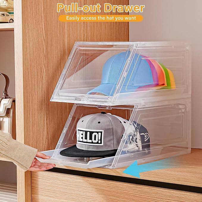 Amllas 2 Pack Stackable Hat Organizer for Baseball Caps, Large Clear Hat Holder with Sliding Drawer, Hat Storage Box with Door, Baseball Cap Organizer