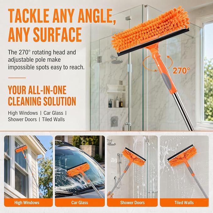 68'' Window Squeegee Cleaner Kit - 2-in-1 Rotatable Window Cleaning Tool with Extension Pole, Professional Streak-Free Squeegee with Bendable Head for Indoor/Outdoor Windows Car Glass (Orange)