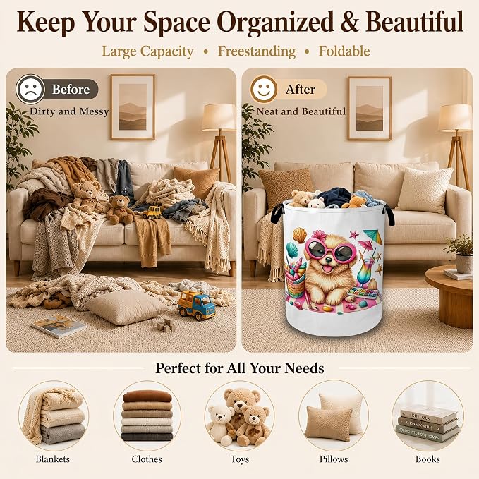 Beach Puppy Summer Vacation Collapsible Laundry Hamper for Bedroom, Freestanding Oxford Clothes Basket, Large Foldable Storage Bin with Easy-Carry Handles for Bathroom Dorm Laundry Room