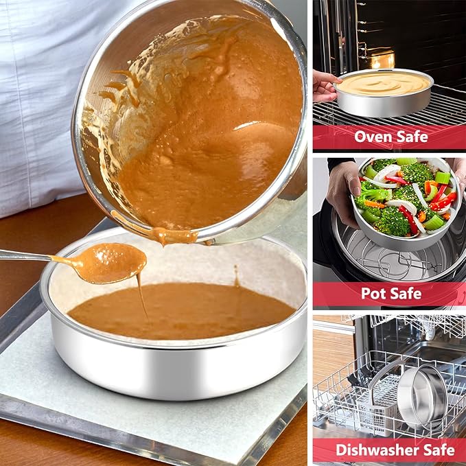 P&P CHEF 8 Inch Round Cake Pan Set of 3, Stainless Steel Round Baking Layer Pans Bakeware for Layer Birthday Cake, Fit Oven/Pots/Pressure Cooker, Leakproof & Dishwasher Safe, Silver