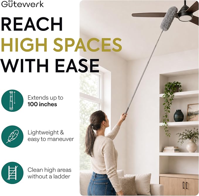 GÜTEWERK Extendable Microfiber Duster, 100 Inch - Feather Dusters for Cleaning Ceiling Fans, Blinds, Baseboards & High Ceilings - Washable, Electrostatic, 360° Bendable Head, Stainless Steel Pole