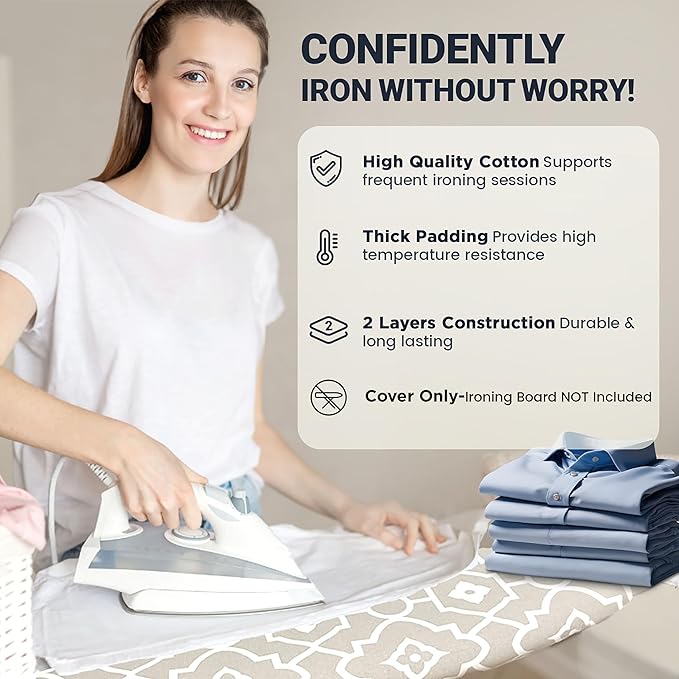 UniSimp Ironing Board Cover and Pad 18"x54" Extra Thick Natural Cotton Scorch & Stain Resistant Iron Board Cover Extra large Iron Board Cover with Fasteners Heavy Duty Heatproof Elastic Edge Geometric