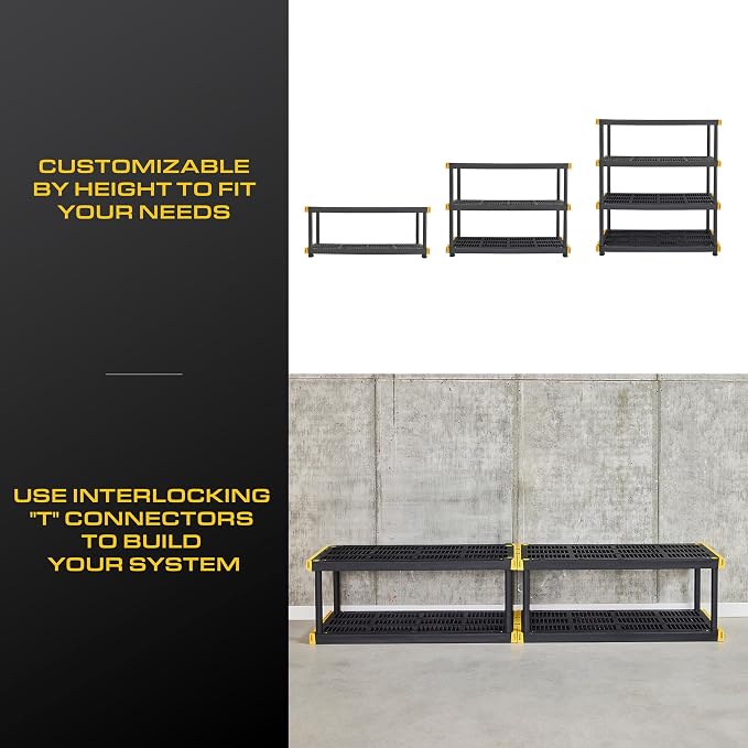CX Black & Yellow, 4-Tier Heavy Duty Plastic Storage Shelves that Support up to 200lbs/shelf, Organization and Storage, Weather-Resistant Design, Easy Assembly (55" H x 48" W x 20" D) | Freestanding garage utility rack with easy assembly, 4 shelves at ...