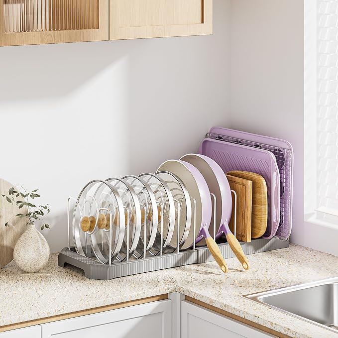 MUDEELA Pots and Pans Organizer under Cabinet, Pan Pot Organizer Inside Cabinet, Expandable 12.9''-21.88'' Pot Lid Organizer Holder with 12 Adjustable Dividers for Cutting Boards, Pan Lid Rack, Grey