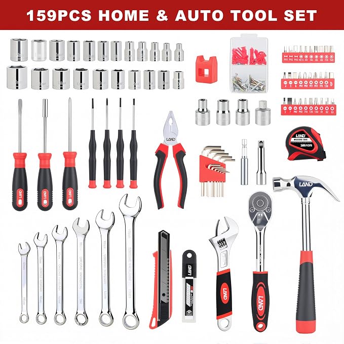 LAND 159-Piece Tool Set with Storage Case, Home & Auto Repair Kit | Basic Tool Kit for Mechanic Work, Auto Repair, Household Fixes, Garage, Furniture Assembly & Workshop with Storage Case