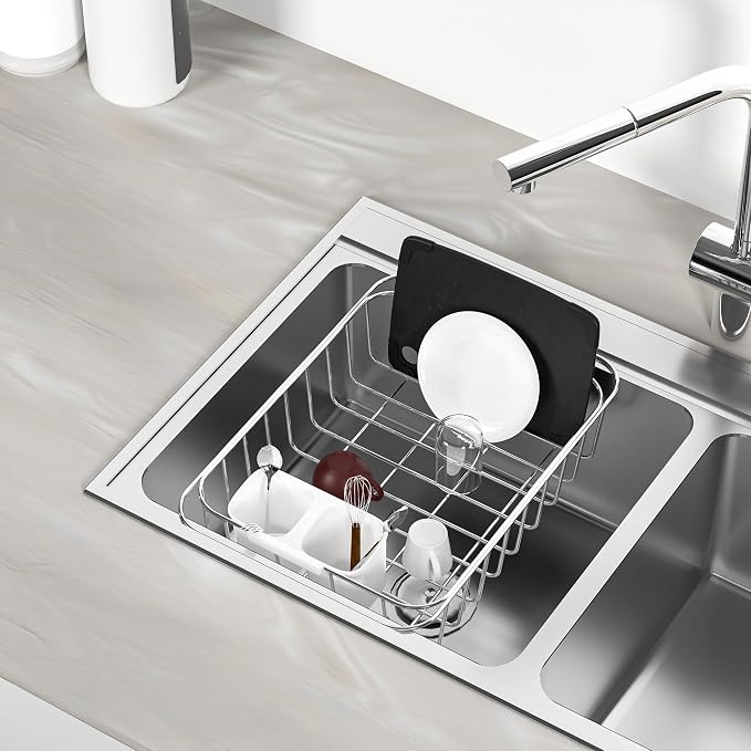 SANNO Dish Rack Utensil Holder, Hanging Cutlery Drainer Caddy with Hooks, 2 Compartment Flatware Organizer for Forks, Spoons, Knives, Fits Over Most Dish Drying Racks, White