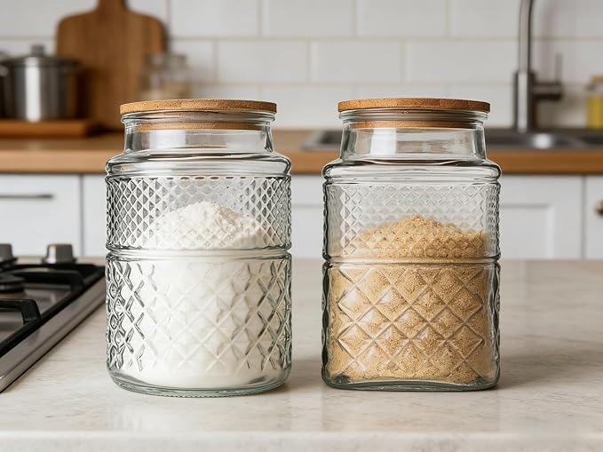 Prettidecor 60 FL OZ Large Glass Storage Jar with Bamboo Lid 2 Pack | Kitchen Laundry Room Organization Jar for Cookies Coffee Flour Sugar Laundry Pods Detergent Airtight Glass Jars