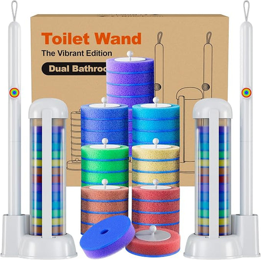 Disposable Toilet Brush and Holder Set - Hands-Free Eject Sponge Toilet Wand with Floor Standing Caddy, Secure-Lock Hangable Toilet Scrubber (2 Toilet Brush + 28 Refills)