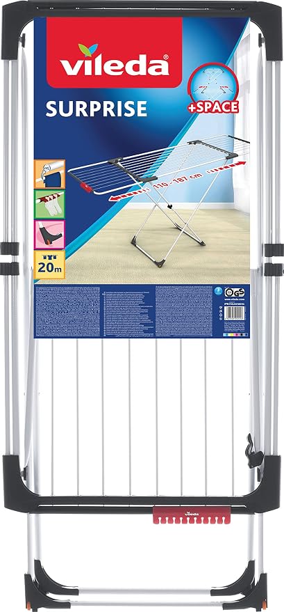Vileda Surprise ‎186 x 57 x 108 cm, Aluminium/Resin, White, Extendable and Foldable Clothes Airer, 2.7 kg