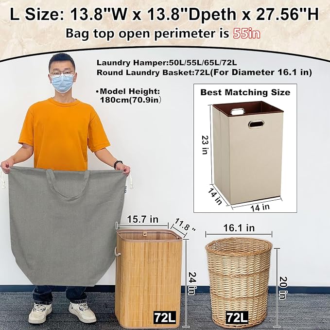 Canvas Laundry Bag with Handles & Square Base, Gray, 13.8"Wx13.8"Dx27.6"H | Large Heavy Duty Laundry Hamper Bag, Washable Drawstring Closure Dirty Clothes Sack for College Dorm, Home Storage