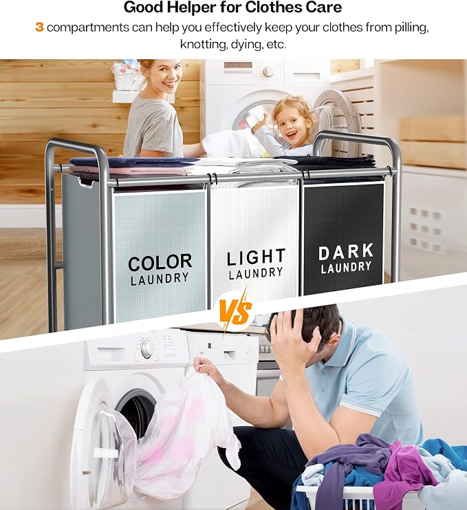 ROMOON Laundry Sorter Hamper 3 Section, Divided Laundry Basket Organizer | Rolling Clothes Hamper with Heavy Duty Lockable Wheels and Removable Bags for Apartment, Dorm & Family, 135L, Multicolor