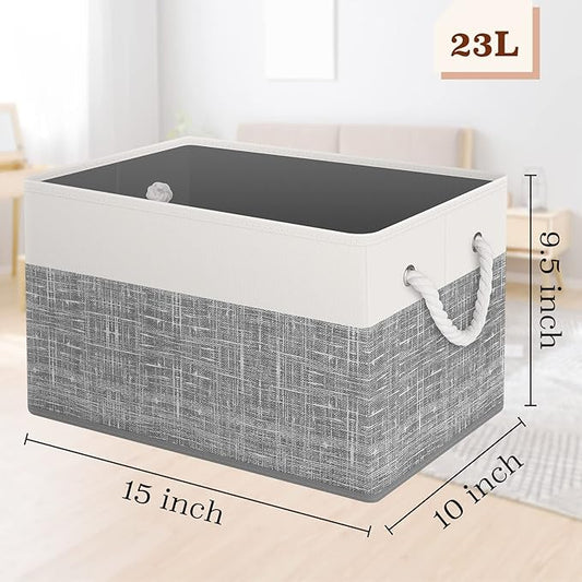StorageTastic Storage Bin,Collapsible Storage Basket For Organizing,Large Storage Boxes With Rope Handles,Storage Containers,White & Grey,4 Pack
