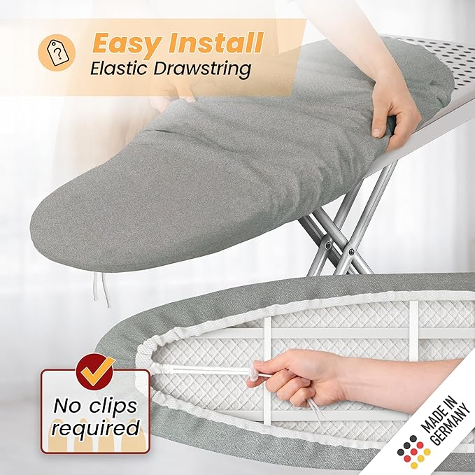 Ironing Board Cover and Pad 15x54 - Made in Germany Iron Board Cover with Heat Reflective Aluminum Coating and Padding- Heavy Duty Iron Board Cotton Cover with Elastic Drawstring Stretch Fit (Silver)