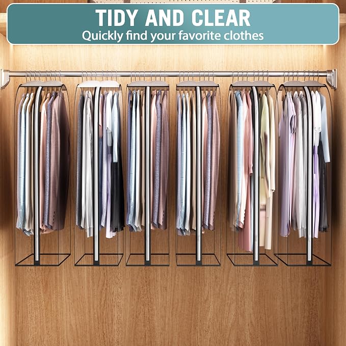 Liuoud Clear Garment Bag for Hanging Clothes 10” Gusseted, 32” Suit Bags for Open Closet Storage Plastic Clothes Cover for Coat, Dress, Shirts, Fur, Jacket, Wardrobe Protectors, 6 Pack