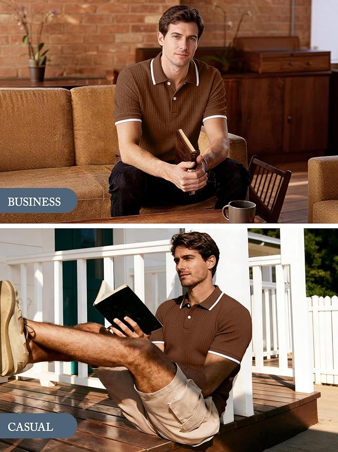 Comdecevis Men's Regular Fit Short Sleeve Knit Polo Shirts | Business casual, lightweight, breathable, stretch textured fabric, moisture wicking, easy care