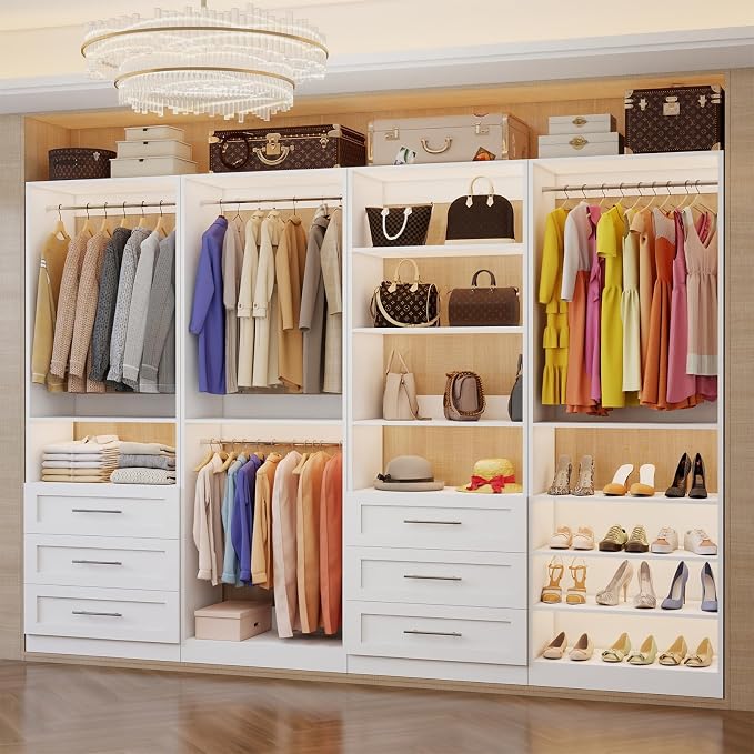 Closet System with 4 Sets, 8–21 FT Closet System with 6 Drawers, 9 Shelves & 8 Hanging Rods, Heavy Duty Closet Organizer System for Walk in Closets, Modular Custom Wood Closet Kit, White