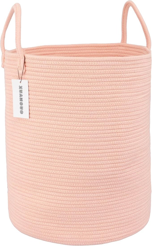 XUANGUO Cotton Rope Laundry Basket Hamper for Clothes, coral pink | Woven Storage Basket for Living Room Bedroom Boho Tall Rope Baskets for Blanket Toys Pillow Towels Baby Nursery Hamper Bin
