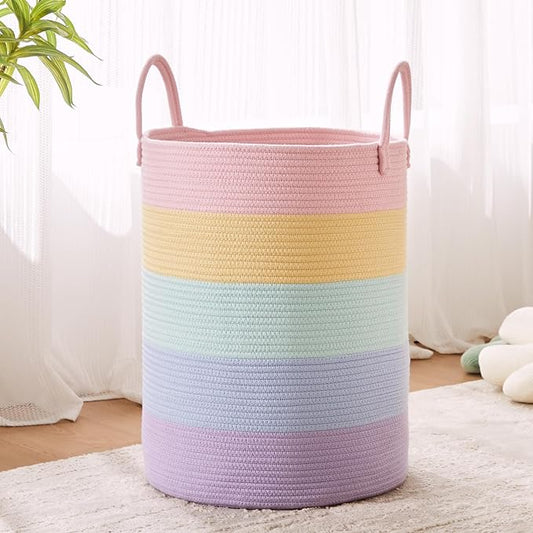 Large Rainbow Hamper Laundry Basket for Baby Girls Kids Nursery | 60L Pastel Unicorn Woven Clothes Hamper Tall Blanket Basket in Playroom Bedroom 15Dx20H inches