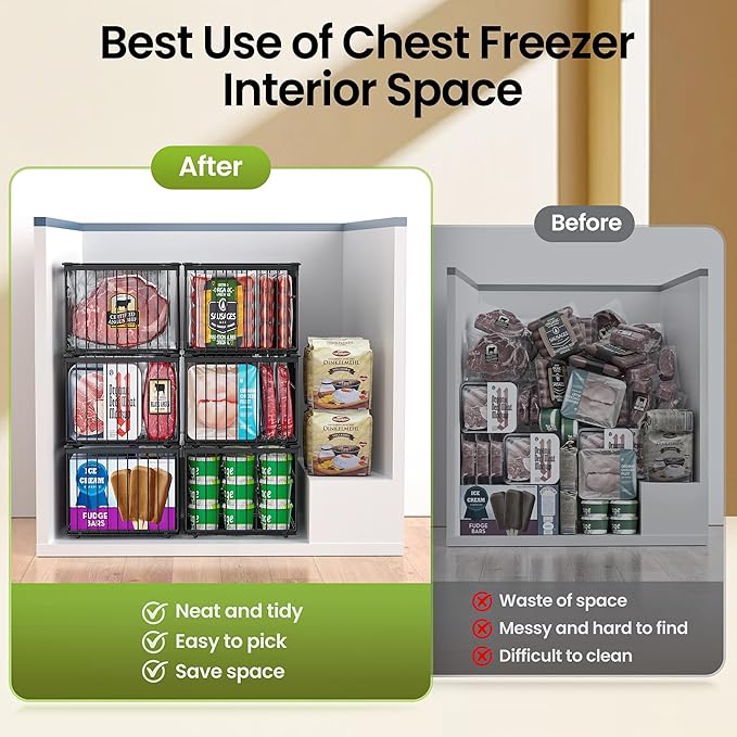 MSERCUOR Freezer Organizer Bins, 6 Pack Big Stackable Deep Chest Freezer Organizer Bins, Foldable Baskets with Handles, Black Storage Container Baskets for 5 to 9 Cu.FT Deep Freezer Sort Frozen Meats