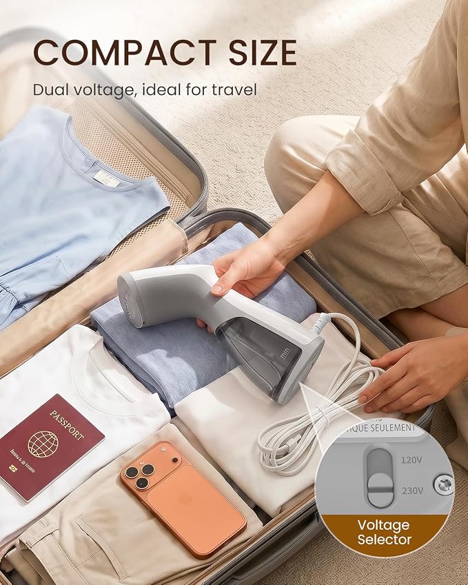 BEAUTURAL Travel Steamer for Clothes, Dual Voltage for Worldwide Use, 1000W | Portable and Handheld Garment Fabric Wrinkles Remover with Ceramic Heating Plate, Fast 30s Heat-up