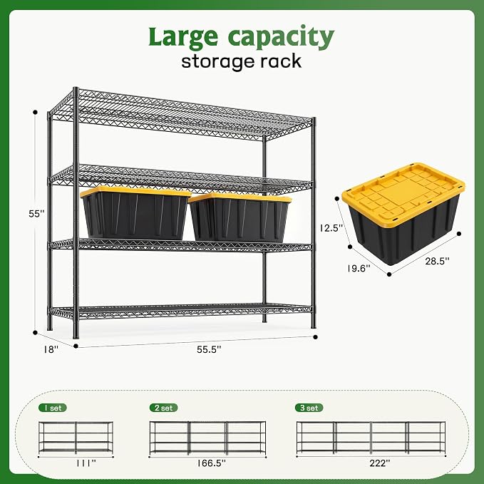 REIBII Storage Shelves, 2560LBS Heavy Duty&Adjustable Height for Garage | 55.5" W Shelf Space Saving, 4 Tier Freestanding, Powder Coated, Anti-Tipping Device, Moisture Resistant, for Basement