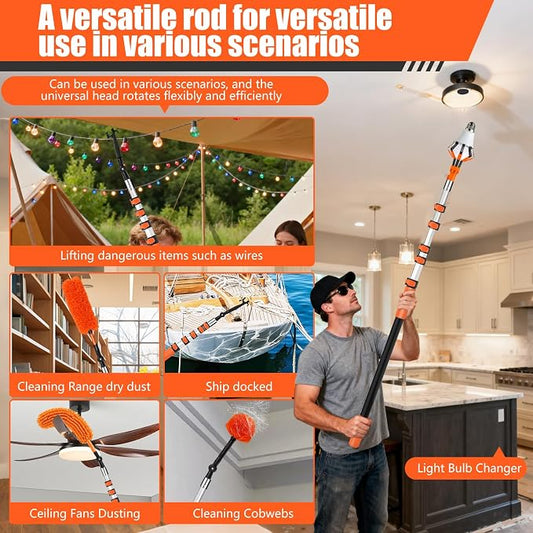 30FT High Ceilings Cobweb Dusters for Cleaning Kit with Extension Pole | Telescoping Lightbulb Changer,Spider Web Brush Extendable Duster,Ceiling Fan Cleaner and Window Squeegee Cleaning