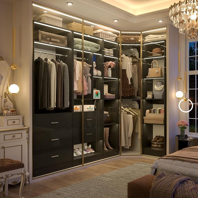 Besiost Corner Closet System with 5 Drawers, Closet Organizer System with 15+Shelvess & 4 Hanging Rods, 63.2"L * 63.2"W / 87.2"L * 39.2"W Reversible L Shaped Walk-in Closets, Load 2500+LBS, Black