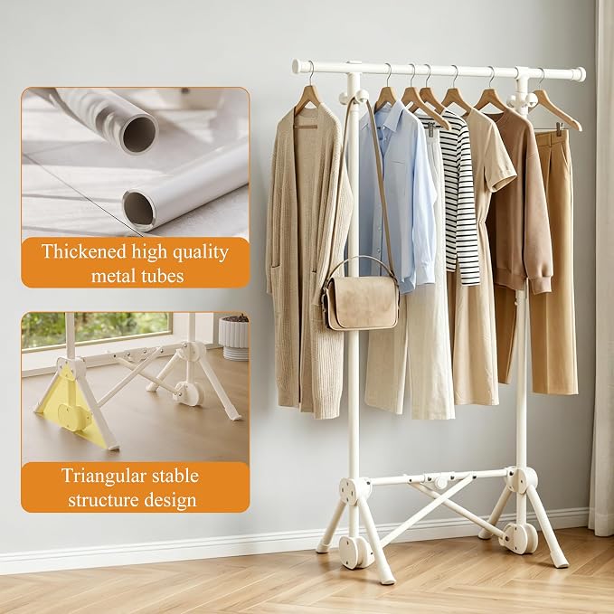 Small Clothes Rack, Foldable Clothes Rail with 3 Adjustable Heights | Extendable Rod, 4 Side Hooks, Portable, Sturdy Carbon Steel, Space Saving, Ready to Use, for Bedroom, Laundry, Cream White