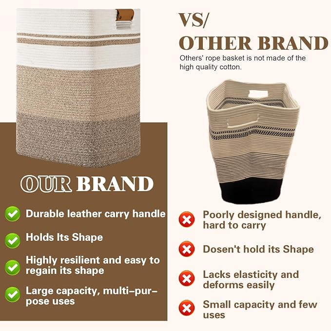 Laundry Hamper, 85L Tall Laundry Basket with Leather Handles, Rectangle Large Clothes Hamper for Organizing, Cotton Woven Laundry Baskets Storage Hampers for Bedroom, Nursery, Living Room