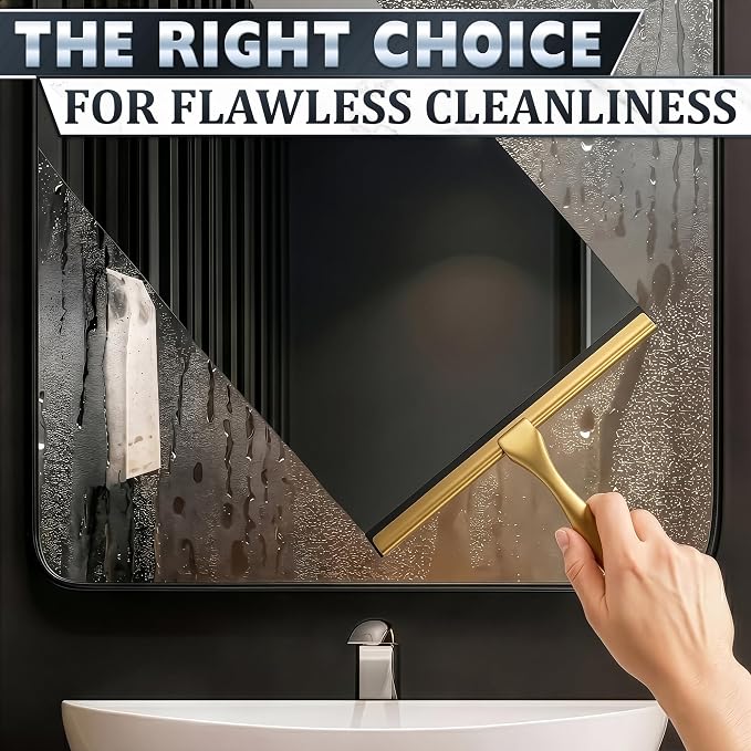 10 Inch Shower Door Squeegee - Gold Squeegee for Shower Glass with Stainless Steel Body, Silicone Blade, Adhesive & Hanging Hooks for Streak-Free Mirror, Tile, Window, Bathroom, Car, Everyday Home Use