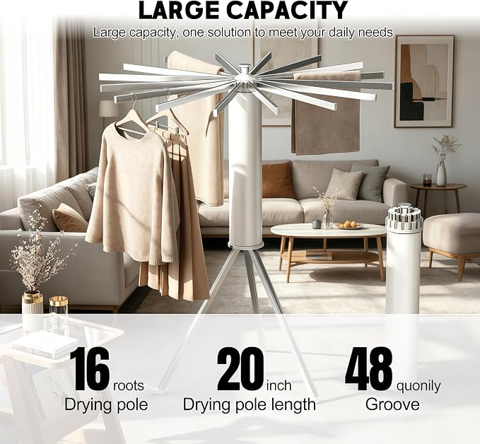 Clothes Drying Rack Foldable, Rotary Tripod Laundry Drying Rack,16 Aluminum Poles,Rotatable Portable Floor Standing Clothes Airer,Laundry Drying Rack Floor Standing