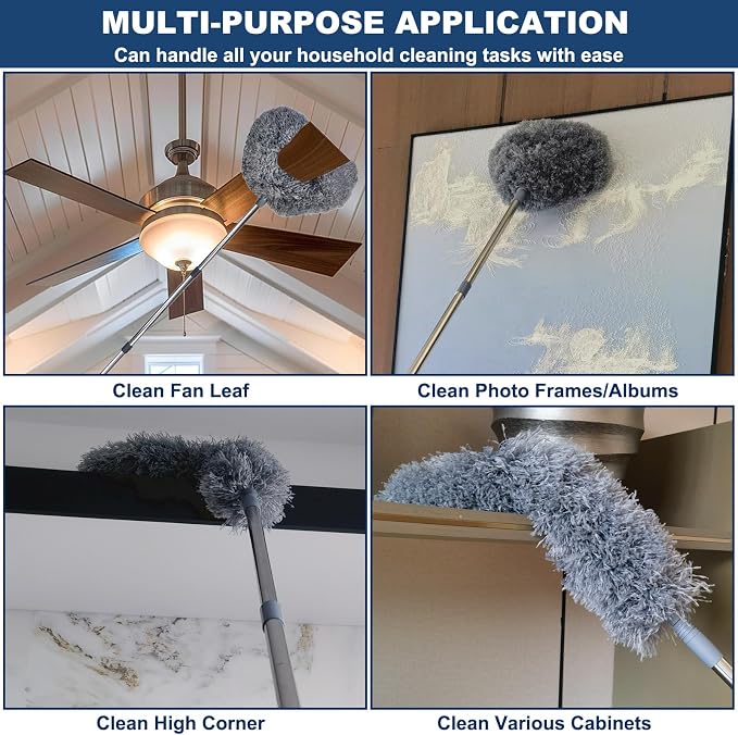 20+ Ft High Reach Ceiling Fan Duster &Microfiber Feather Brush Duster with 3-14 ft Spliceable Pole Microfiber Feather Duster for Spider Web, High Ceiling, Blinds, Furniture Cleaning Tool Kit