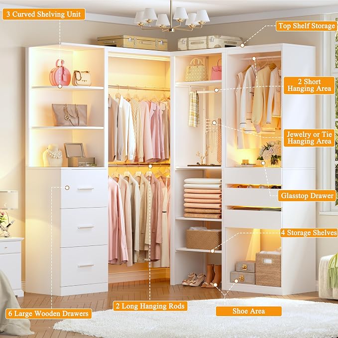 Large Corner Closet System Set with 6 Drawers & Shelves, 100'' Reversible Closet Organizer System with LED Lights & 8 Jewelry Hooks & Glasstop, Walk-in Closet with 4 Hanging Rods, L Shaped/Straight