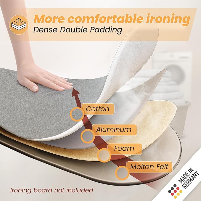 Ironing Board Cover and Pad 15x54 - Made in Germany Iron Board Cover with Heat Reflective Aluminum Coating and Padding- Heavy Duty Iron Board Cotton Cover with Elastic Drawstring Stretch Fit (Silver)