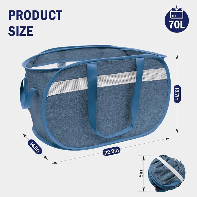Collapsible Tear Proof Laundry Baskets with Dual Handles, Blue | 70L, Foldable, Pop up Hamper, Reinforced Durable Laundry Hamper for Home, Laundry, Bathroom, Dorm or Travel