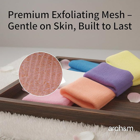 ARCH&M Exfoliating Washcloth 12 Pack, Peach Purple Pink | Back Scrubber for Shower, Japanese Exfoliating Shower Towel, Daily Use, Korean Beauty Wash Cloth