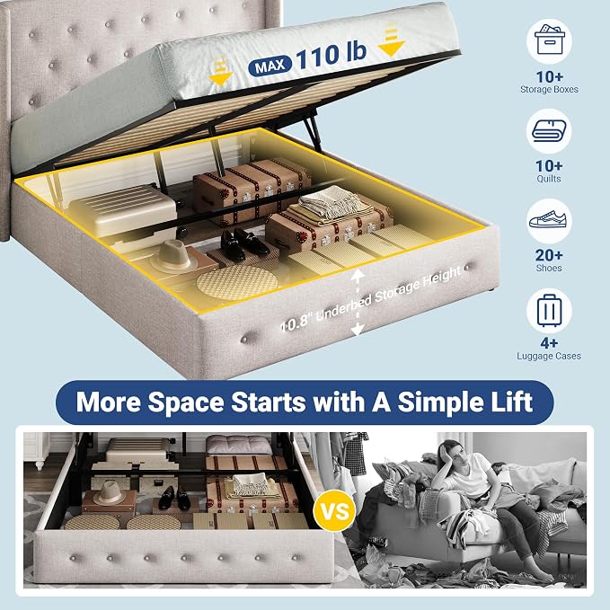 Allewie Full Size Lift Up Storage Button-Tufted Bed Frame Light Beige | Modern Wingback Headboard, Hydraulic Support Storage, No Box Spring Needed