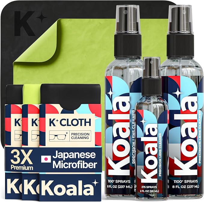 Koala Eyeglass Lens Cleaner Spray Kit | Japanese Microfiber (6 Piece Set) | (2x) 8oz + (1x) 2oz Glasses Cleaner Bottle + (3x) Microfiber Cloth | Alcohol Free Eyeglasses, Screen, and Camera Cleaning Kit