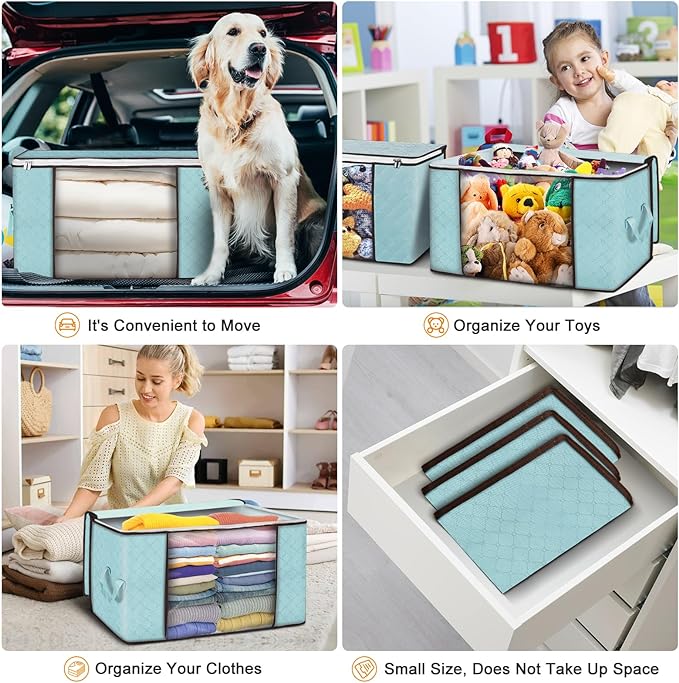 90L Large Storage Bags, 8 Pack Clothes Storage Bins Closet Organizers | Foldable Storage Containers, with Reinforced Handle, for Clothing, Blanket, Comforters, Bed Sheets, Pillows and Toys,Blue