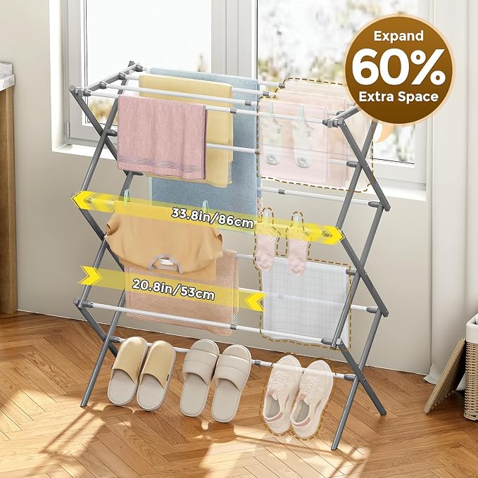 KINGBOARD 3-Tier Extendable Clothes Drying Rack, Foldable, White & Grey | 37.4"H x 33.8"W x 11.2"D, Space-Saving Collapsible, Easy Assembly, Rust-Resistant Iron Frame, Indoor Outdoor Use, 25lb