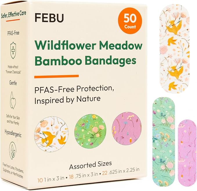 FEBU Wildflower Meadow Print Bamboo Fabric Bandages, 50 Count Strip | PFAS-Free, Natural Hypoallergenic, Compostable, Latex Free; For Scraps, Cuts and First Aid